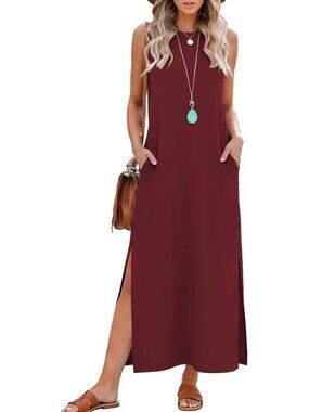 Women's Burgundy Summer Maxi Long Dress Sleeveless Side Slit Casual With Pockets